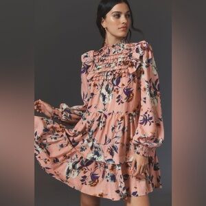 Anthropologie Long-Sleeve Printed
Smocked Mini Dress